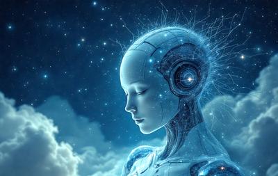 The primary subject of the image is a futuristic robot with a human-like face. The robot is surrounded by a blue and white sky, which serves as the setting for the scene. The visual style of the image is digital art, as it is a computer-generated representation of the robot. The dominant colors in the image are blue and white, creating a calm and serene atmosphere.